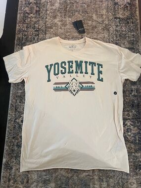 NWT Hollister Cream Yosemite Valley Graphic Tee with Teal and Brown Details